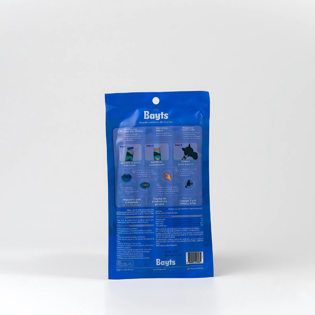 Snack Cremoso BAYTS® Trucha Arcoíris | 5 Unidades | Omega 3 & 6 | Gatos